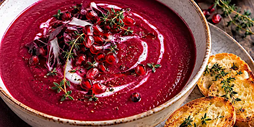 Vellutata di Radicchio Rosso, Barbabietola e Melagrana con Crostini al Timo Vellutata di Radicchio Rosso, Barbabietola e Melagrana con Crostini al Timo
